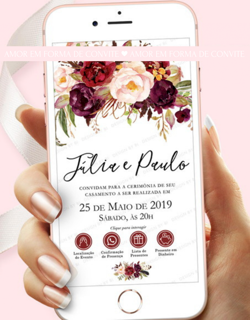 Convite Virtual Digital  Interativo (VIRCAS09) Floral Marsala Rose Rosa