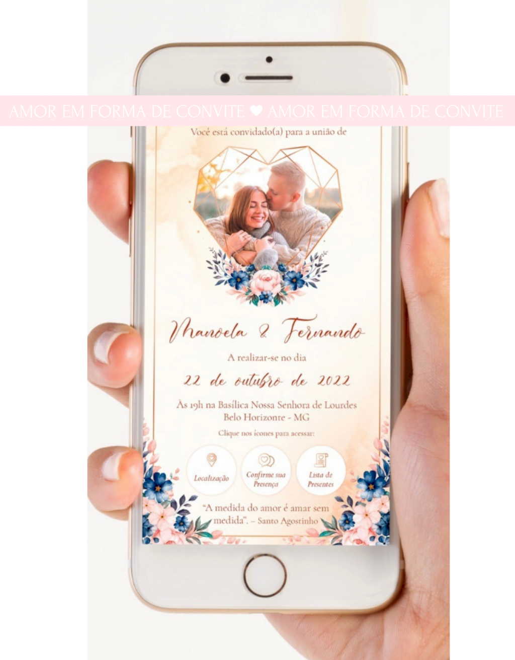 Convite Virtual Digital  Interativo (VIRCAS12) Floral Azul Serenity e Rose