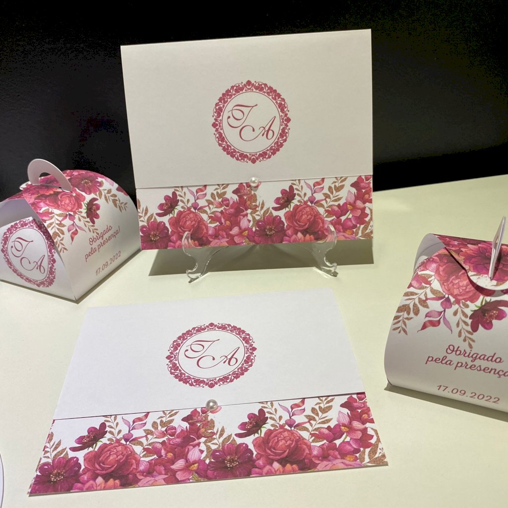 Convite de Casamento (Mini - 29) Floral Pink Rosa Marsala