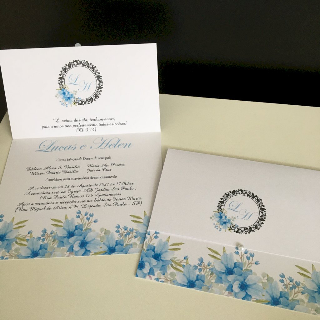 Convite de Casamento (Mini - 30) Arabesco Floral Azul Serenity