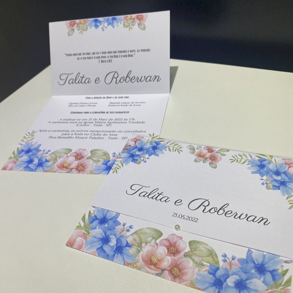 Convite de Casamento (Mini - 33) Floral Azul Serenity e Rose