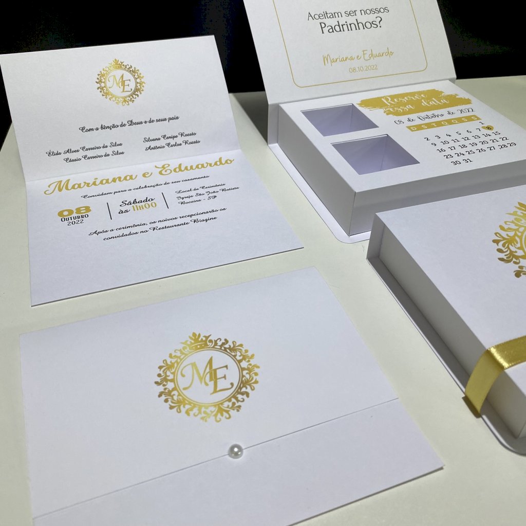 Convite de Casamento (Mini - 35) Arabesco Brasão Dourado