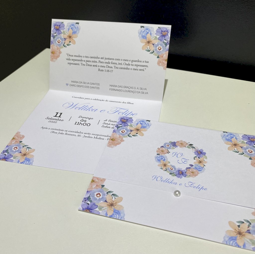 Convite de Casamento (Mini - 36) Floral Azul Serenity Rose Rosa