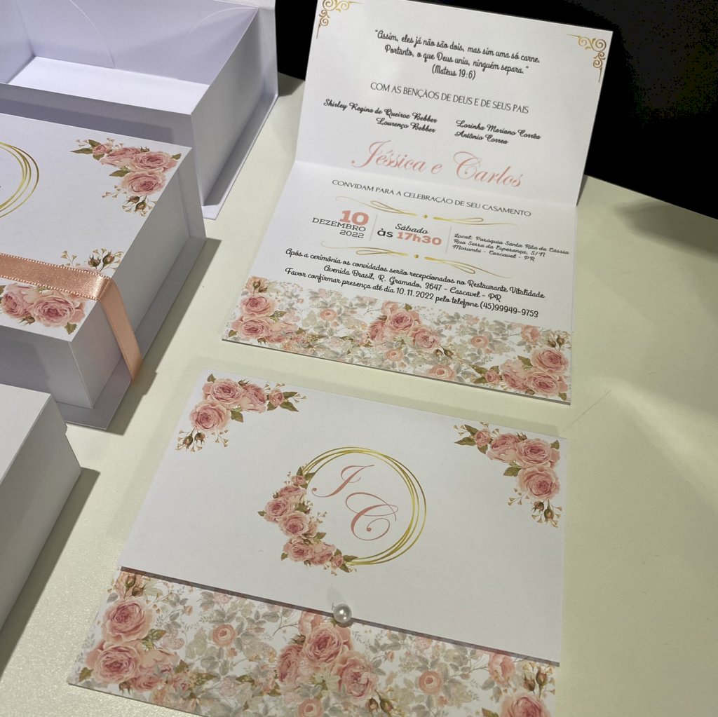 Convite de Casamento (Mini - 37) Floral Rose Rosa