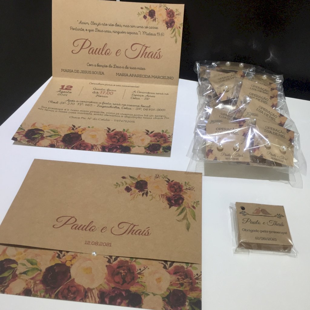 Convite de Casamento (Mini - 44) Floral Marsala Rústico Papel Kraft