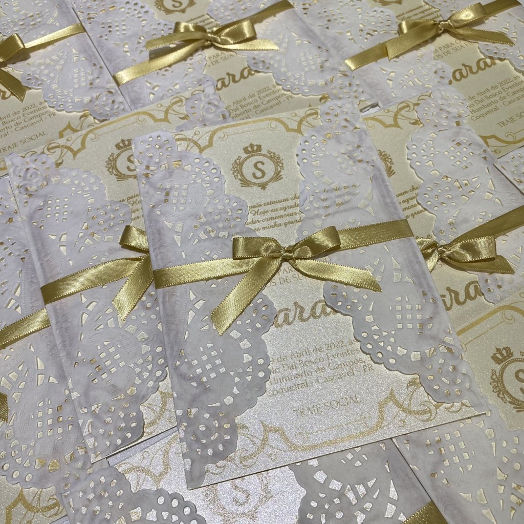 Convite de casamento (Premium-25) Envelope Rendado Papel Majorca Dourado