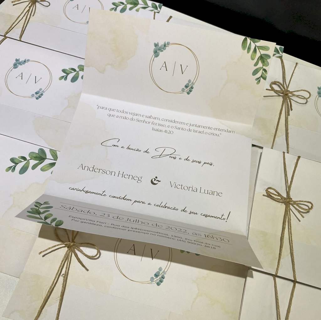 Convite de casamento (Premium-26) Floral verde c/ laço Rami 