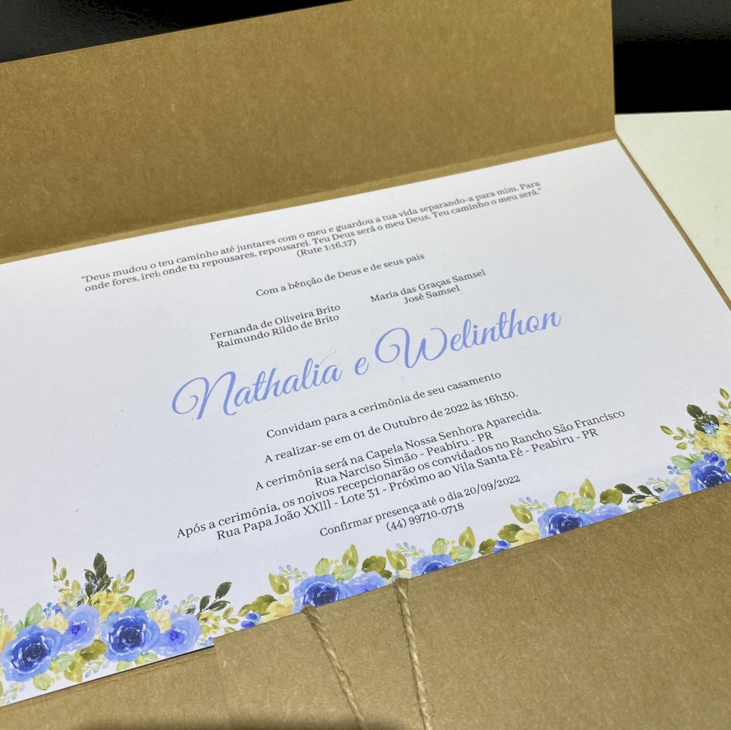 Convite de casamento (Premium-29) Envelope Kraft Azul Serenity