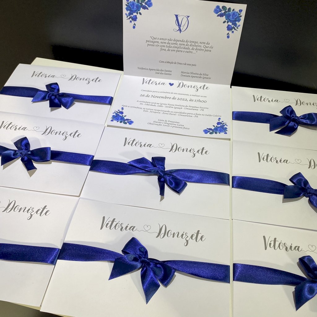 Convite de casamento (Premium-30) Floral Azul Marinho c/ Laço