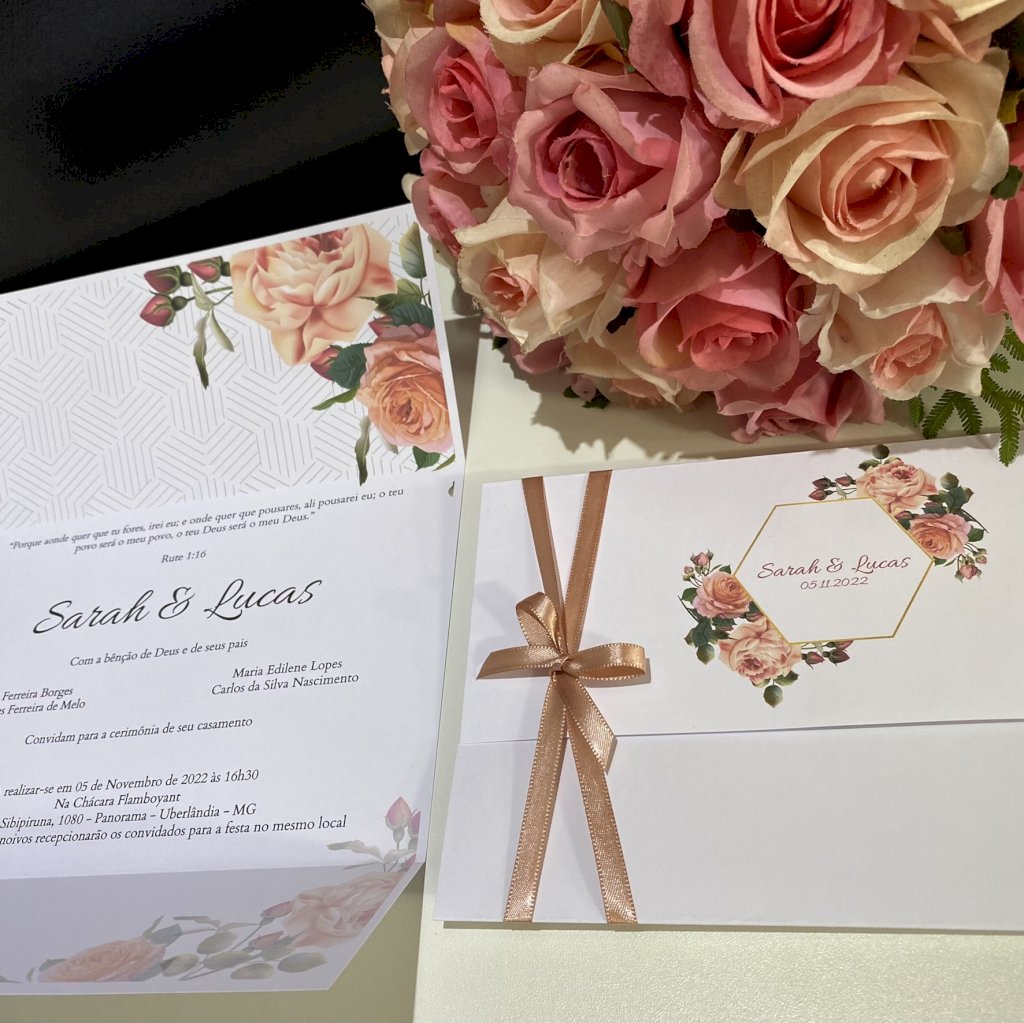 Convite de casamento (Premium-31) Floral Rose Rosa Gold