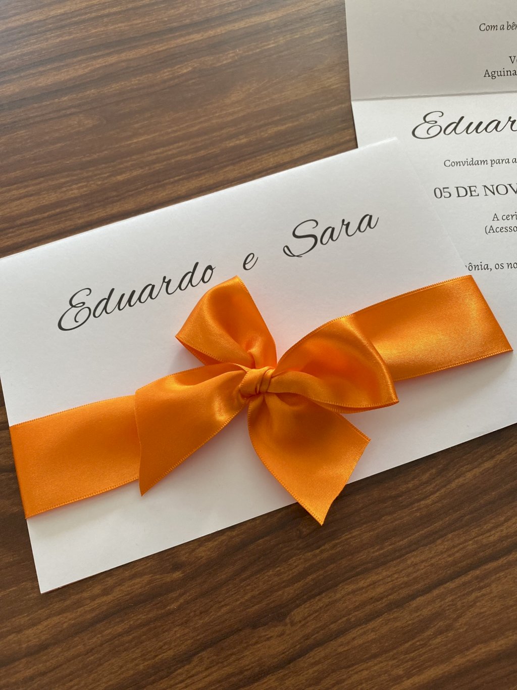 Convite de casamento (Premium-34) Fita Larga com Laço Floral Laranja