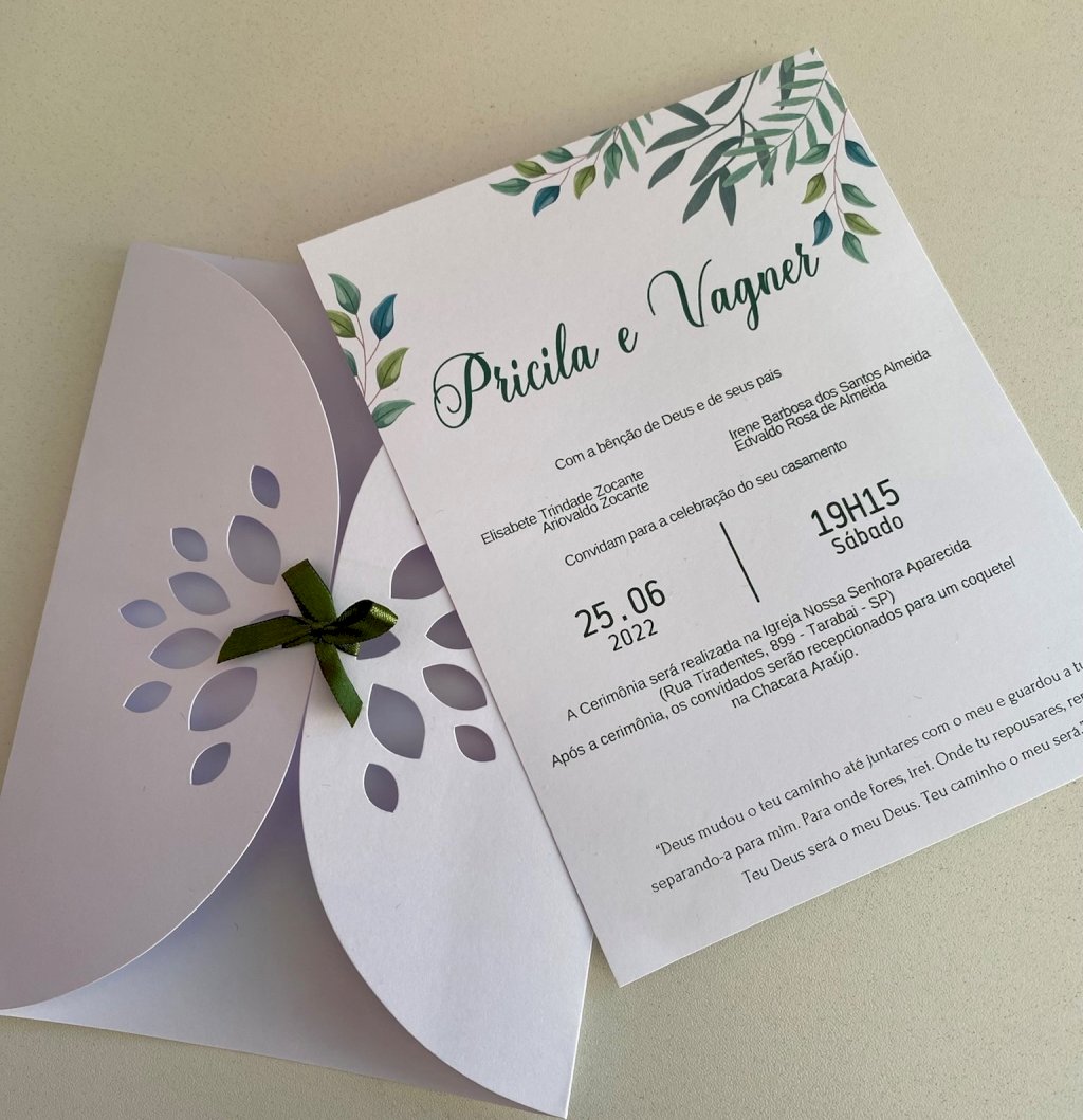 Convite de casamento (Premium-35) Envelope Vazado Floral Verde