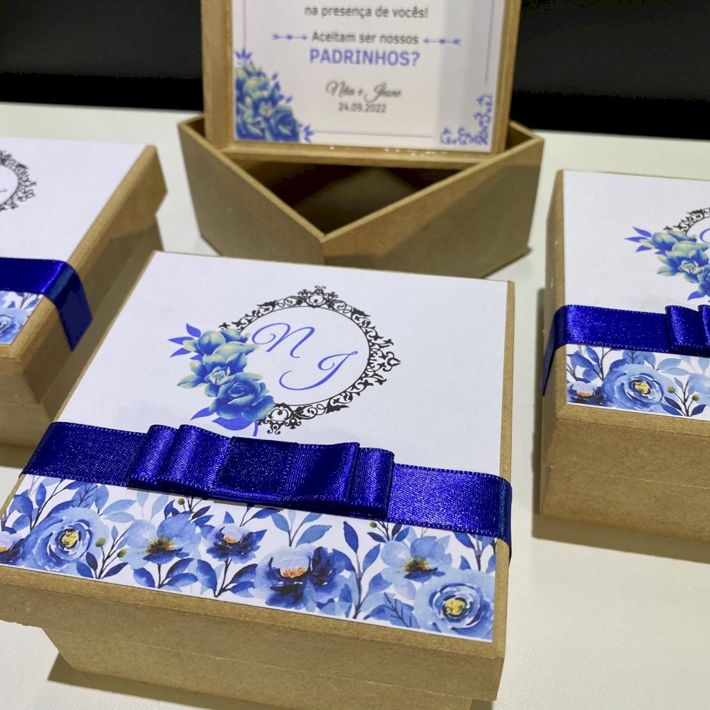 Caixinha de MDF (MDF-06)para Padrinhos, Pajens e Daminhas vários tamanhos Floral Azul Marinho