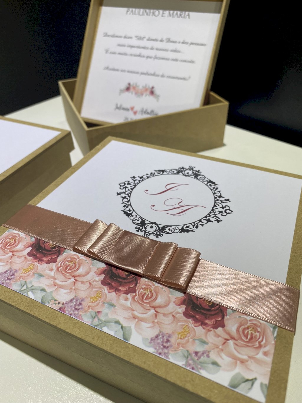 Caixinha de MDF (MDF-08) para Padrinhos, Pajens e Daminhas vários tamanhos Floral Rosa Rose Gold