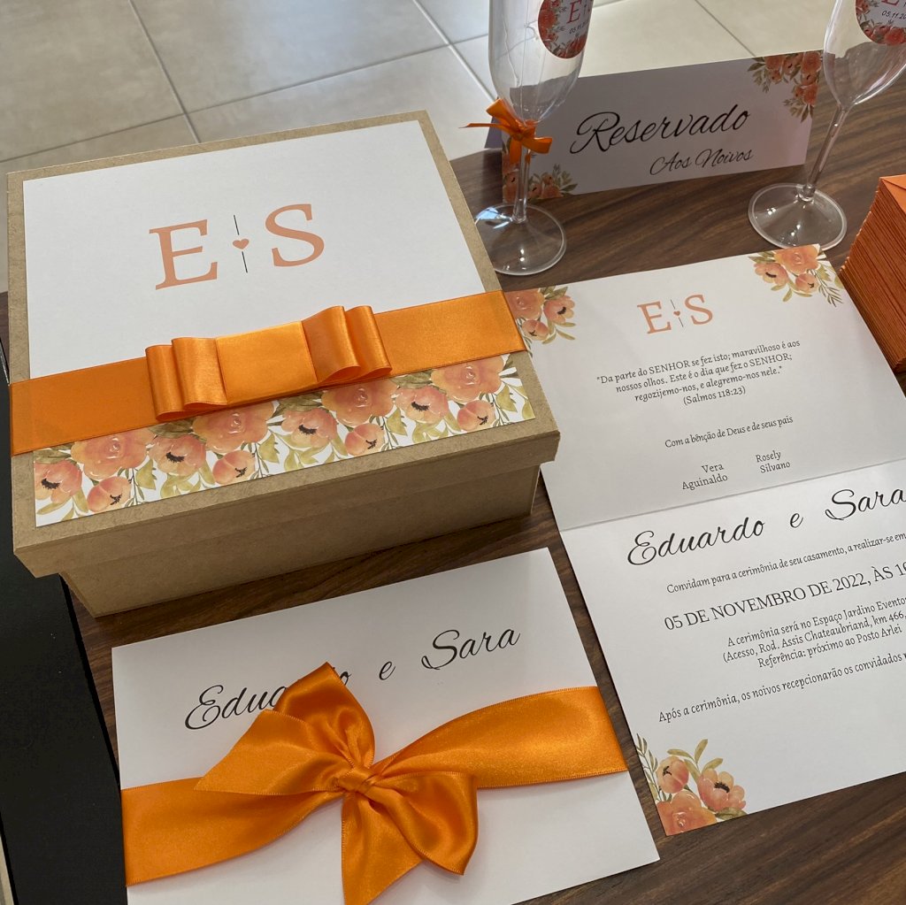 Caixinha de MDF (MDF-13) para Padrinhos, Pajens e Daminhas vários tamanhos Floral Laranja