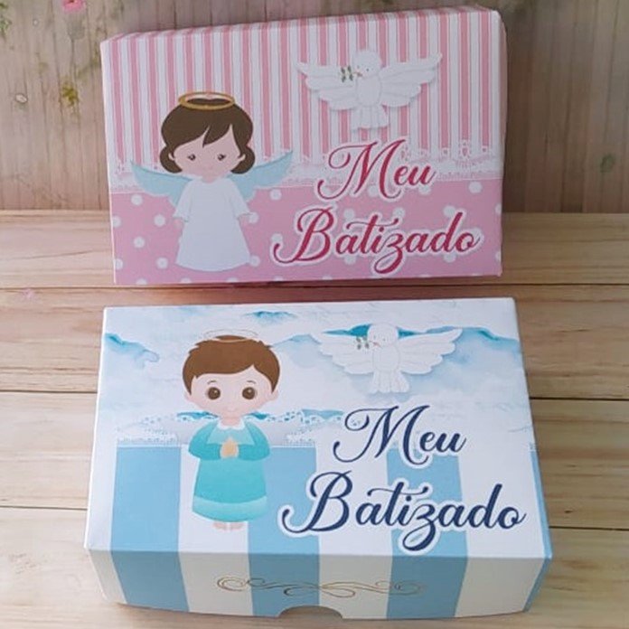 Caixa para lembrancinha Batismo Batizado (Bat-02) Dourado e Branco