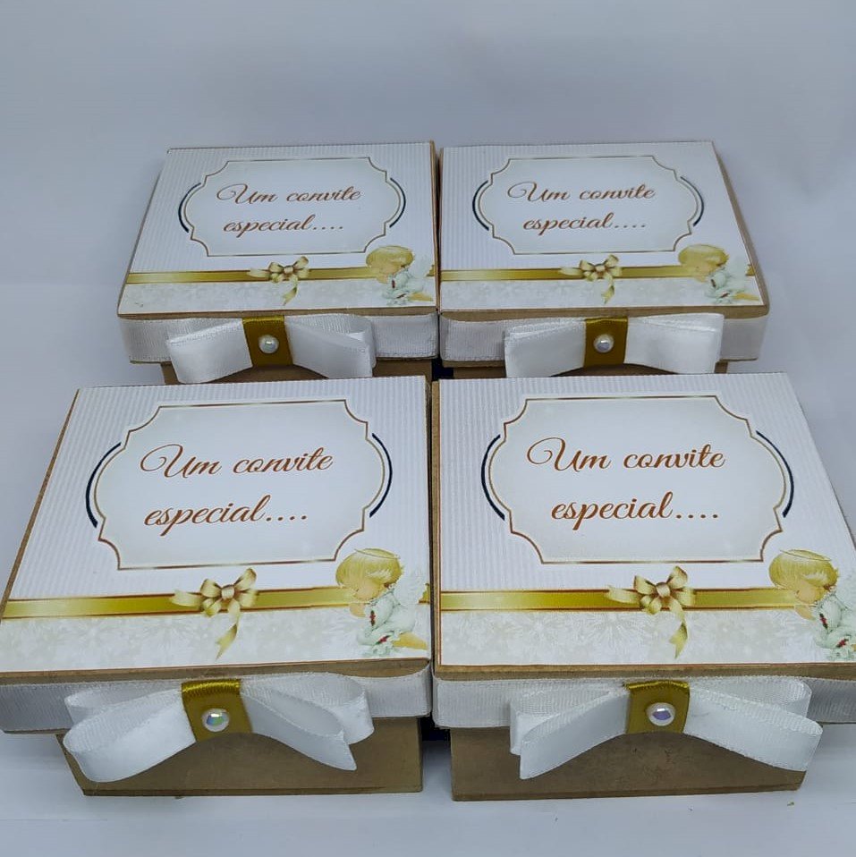 Caixa para Batismo Batizado Padrinhos (Bat-01) Dourado e Branco