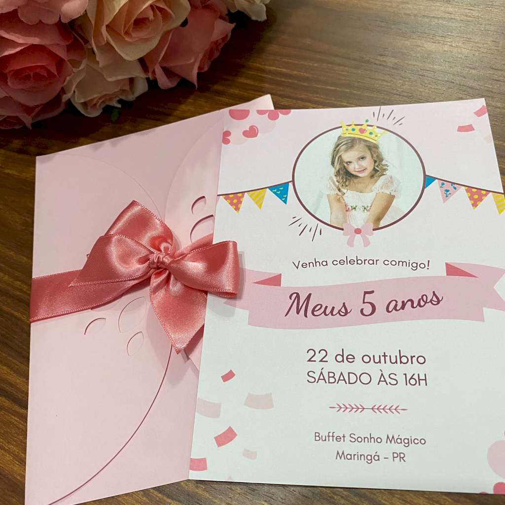 Convite Infantil com Envelope Rosa 5  anos Cv - 01