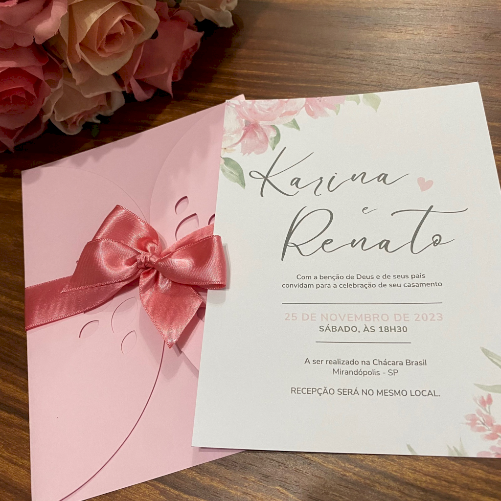 Convite para Casamento com envelope Rosa Rose - CV05