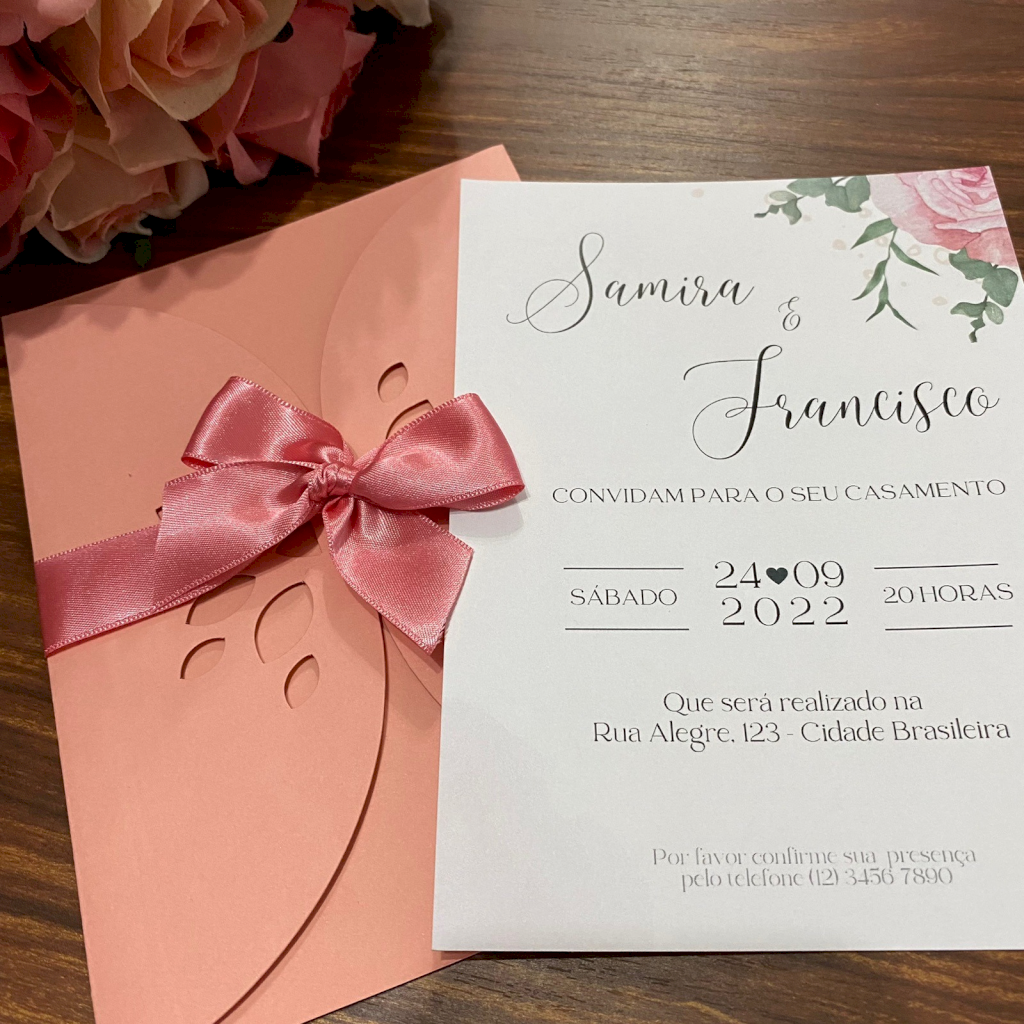Convite para Casamento com envelope Rosa Rose - CV06