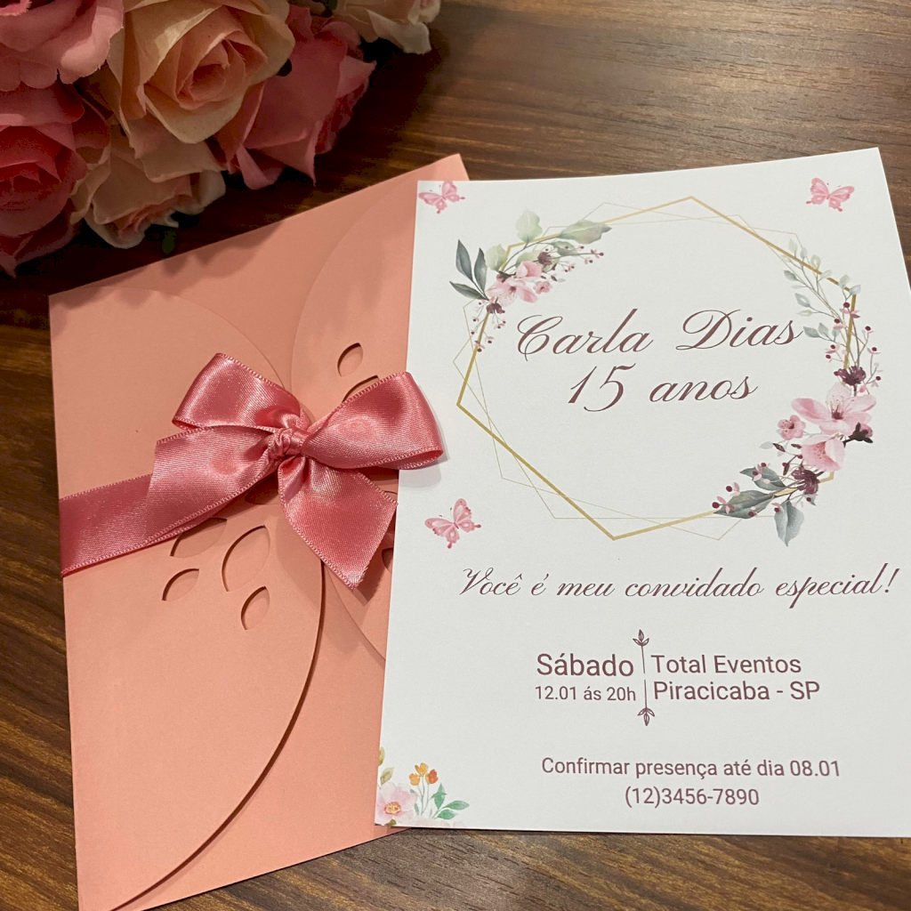 Convite 15 anos com envelope rose Cv-05