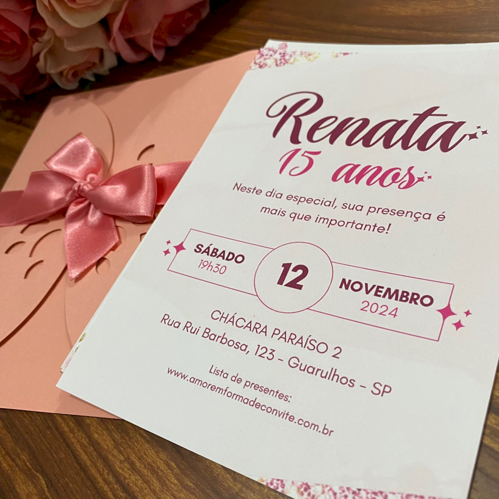 Convite para 15 Anos (A4 15anos - 28) Envelope Rose