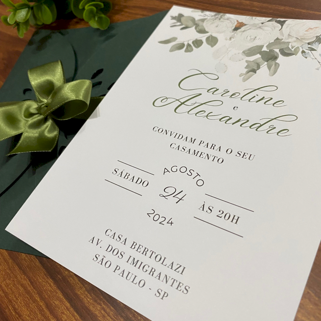 Convite para Casamento com envelope Verde Musgo - CV07