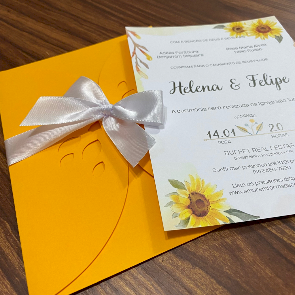Convite para Casamento com envelope Amarelo Floral Girassol - CV09