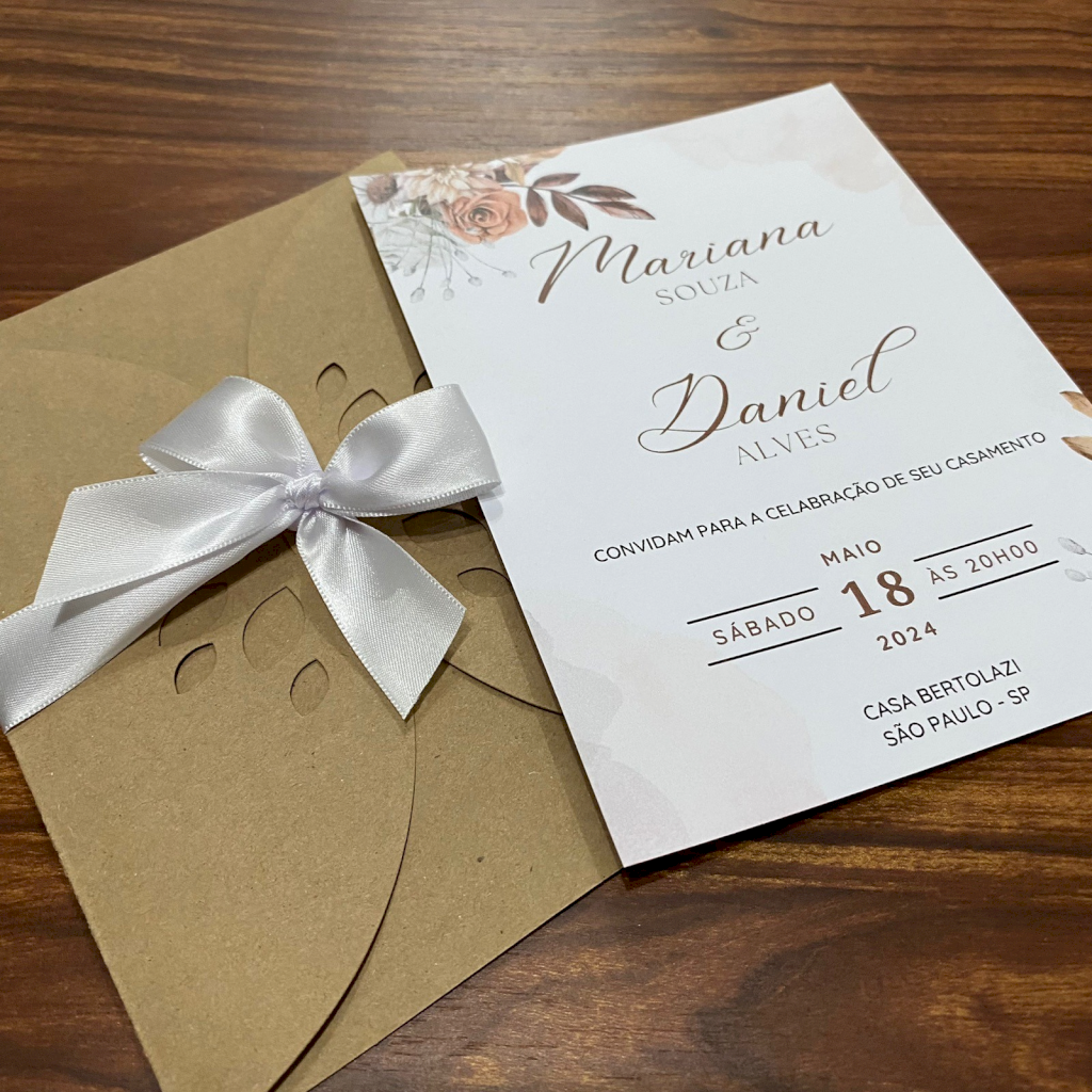 Convite para Casamento com envelope rústico kraft floral terracota - CV11