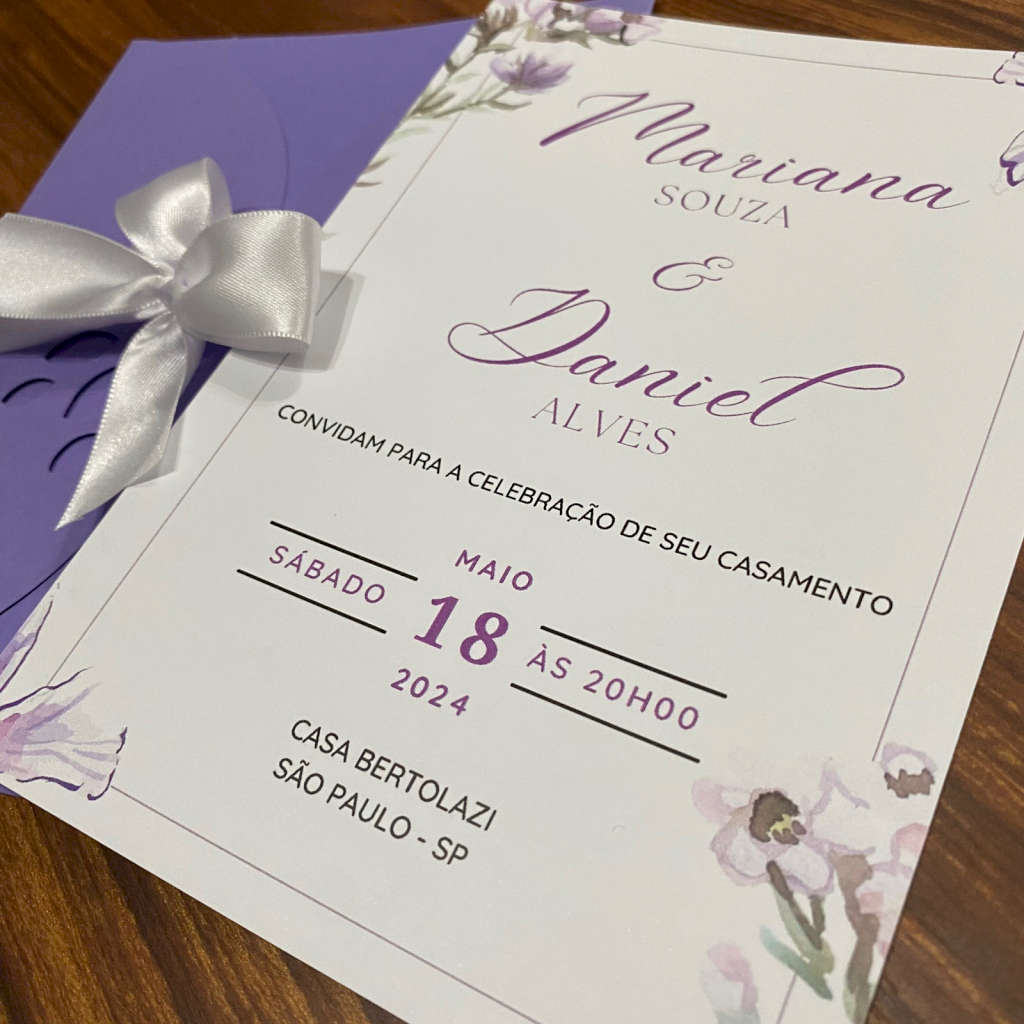 Convite para Casamento com envelope Lilás Floral lilás - CV14