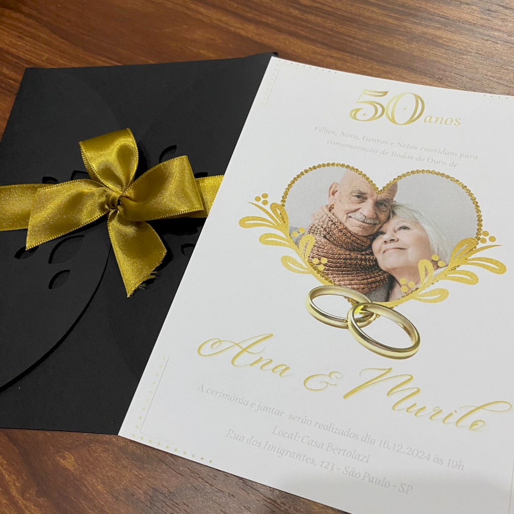 Convite para Bodas com envelope Preto e laço dourado - CV14