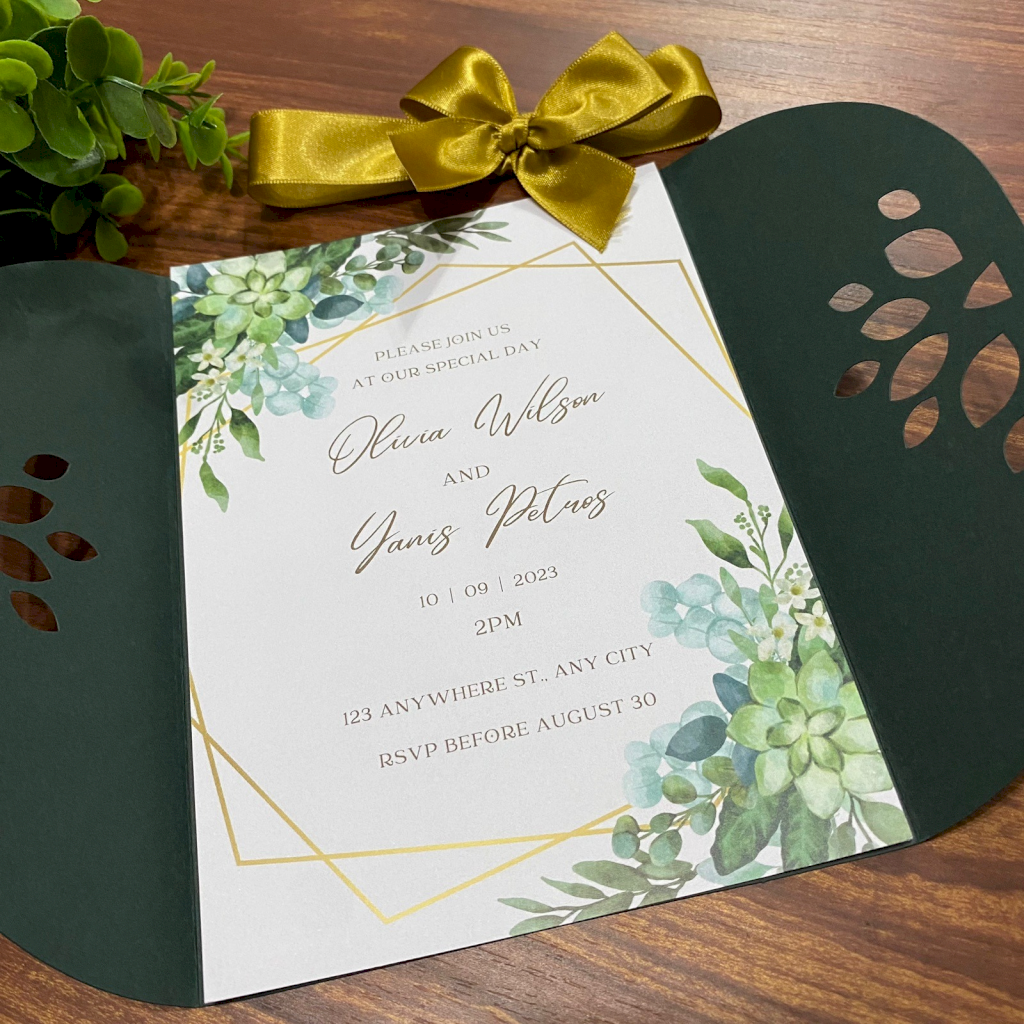 Convite para Casamento com envelope Azul Verde Floral Verde - CV17