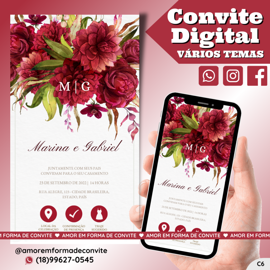 Convite Virtual Digital Interativo Floral Marsala - C6