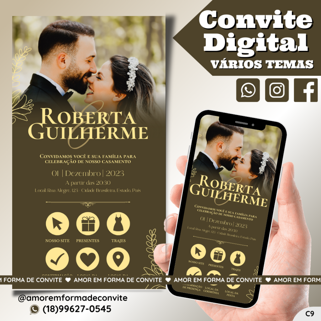 Convite Virtual Digital Interativo Dourado e Marrom com foto - C9