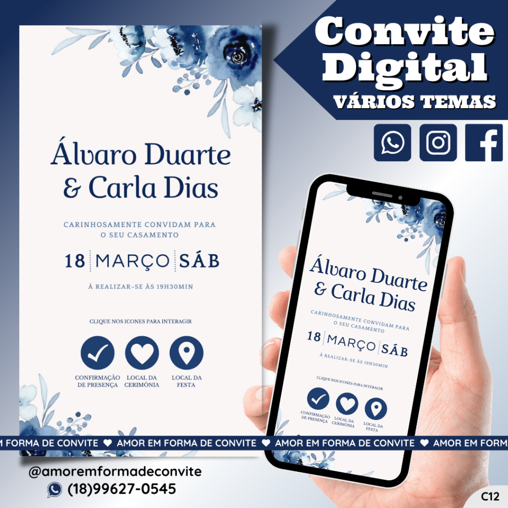 Convite Virtual Digital Interativo Floral Azul Royal - C12