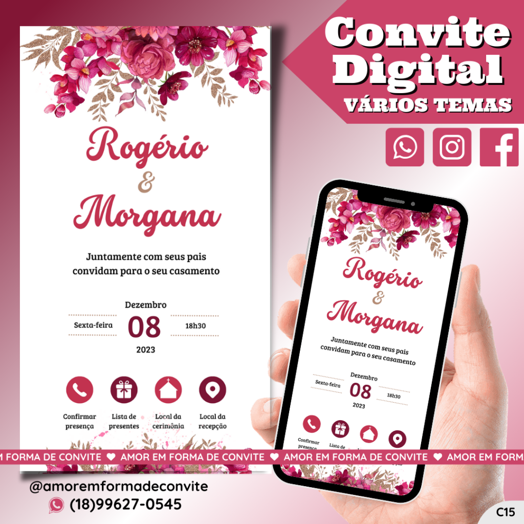 Convite Virtual Digital Interativo Floral Rosa - C15