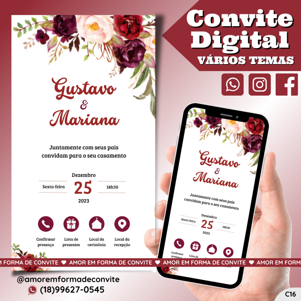 Convite Virtual Digital Interativo Floral Marsala - C16