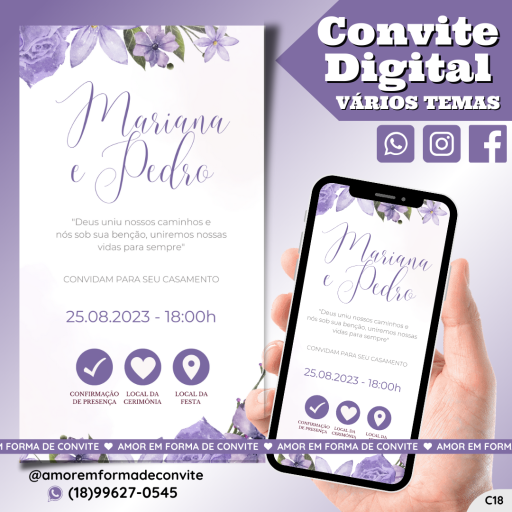Convite Virtual Digital Interativo Floral Lilás - C18