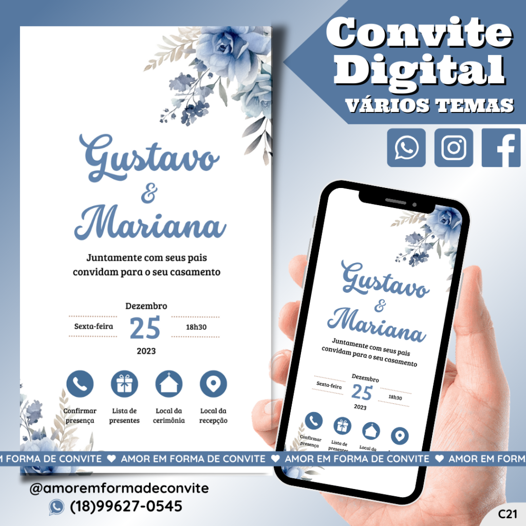 Convite Virtual Digital Interativo Floral Azul Serenity - C21