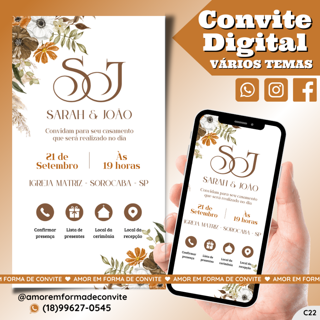 Convite Virtual Digital Interativo Floral Terracota - C22