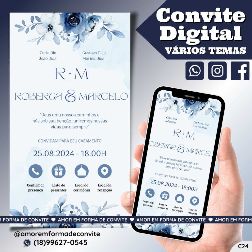 Convite Virtual Digital Interativo Floral Azul Serenity - C24