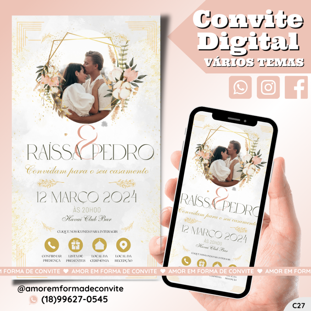 Convite Virtual Digital Interativo Floral Rose com Foto - C27