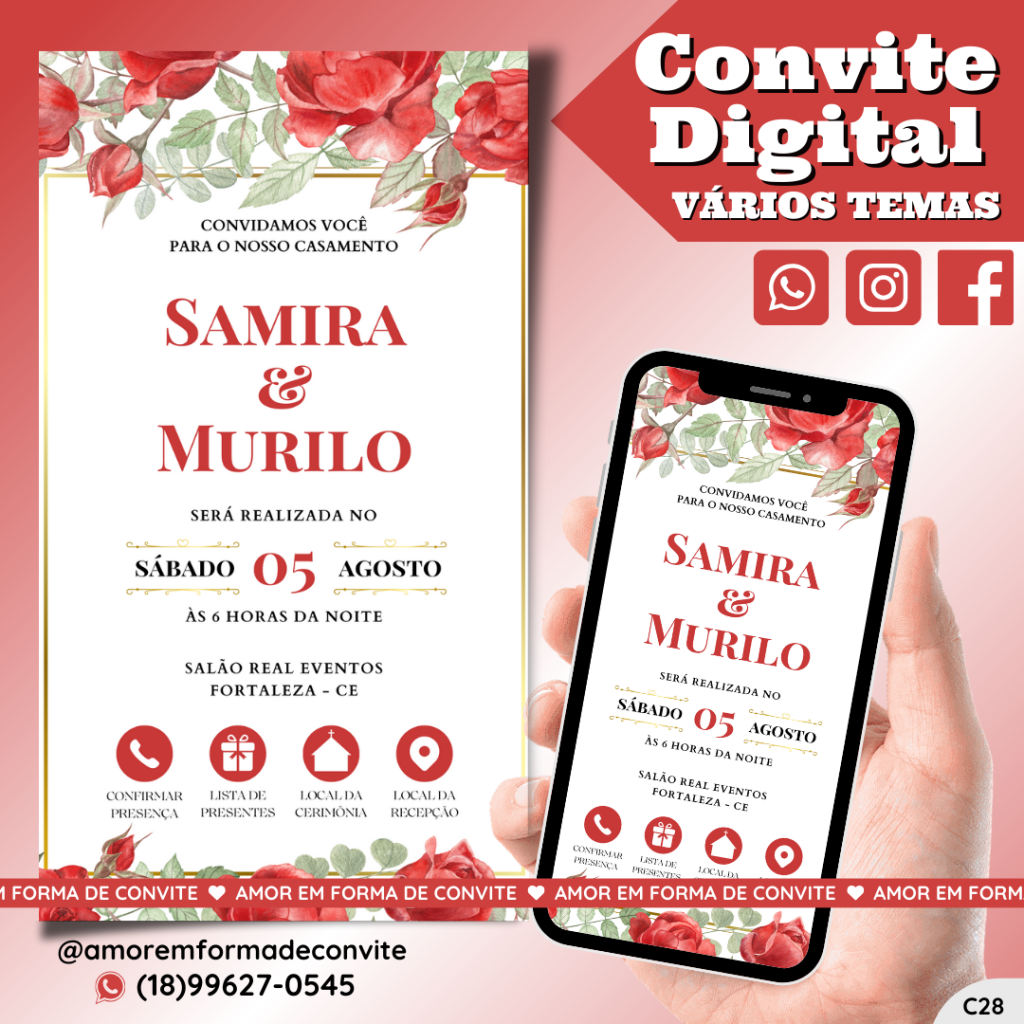Convite Virtual Digital Interativo Floral Vermelho - C28a