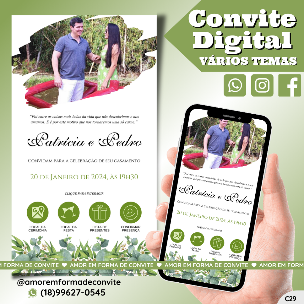 Convite Virtual Digital Interativo Floral Verde Oliva com Foto - C29
