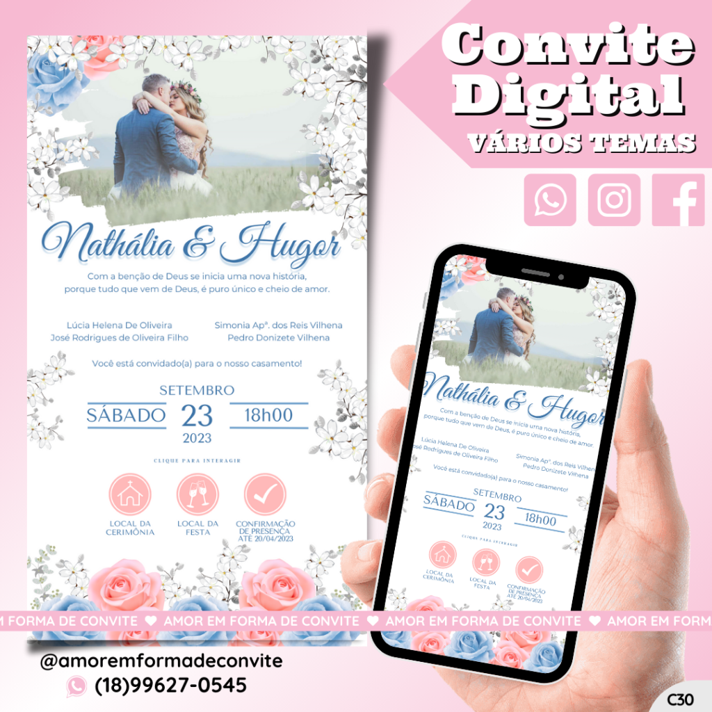 Convite Virtual Digital Interativo Floral Rosa e Azul com Foto - C30