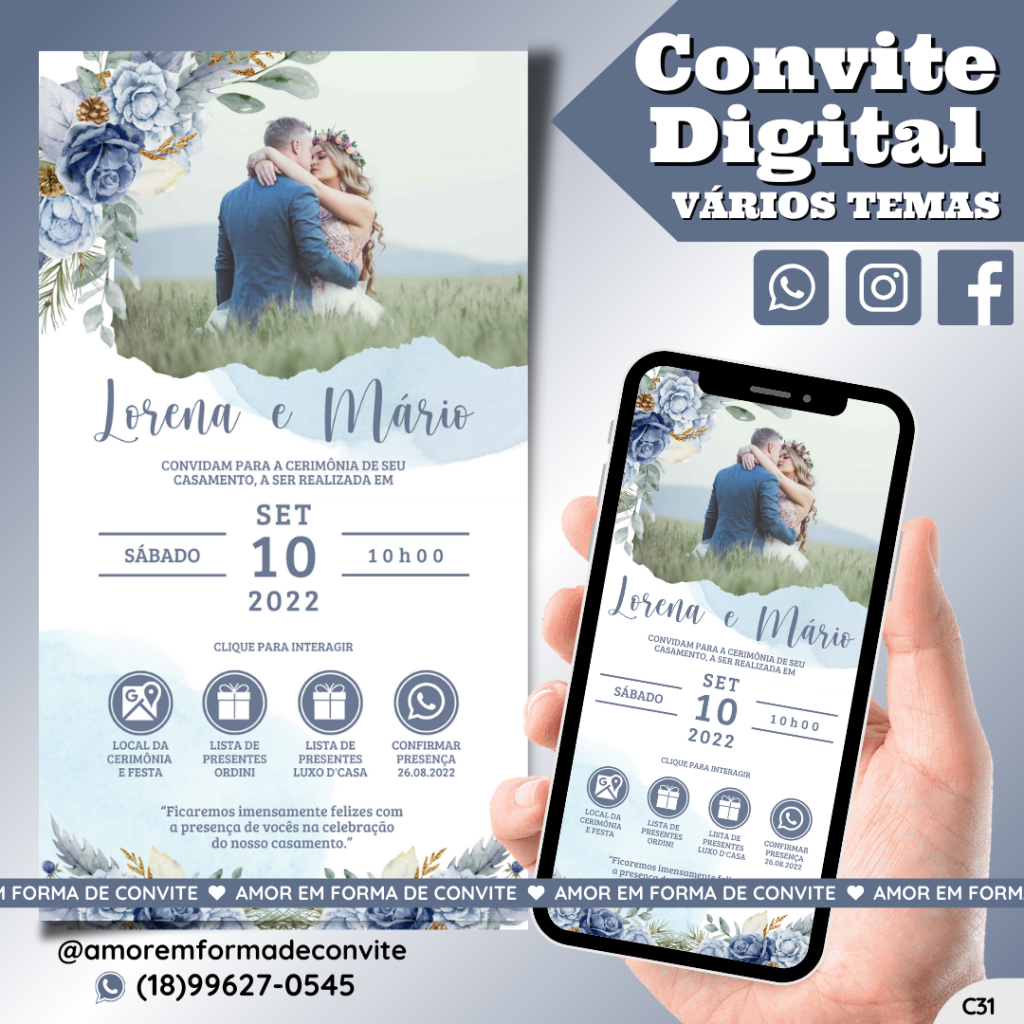 Convite Virtual Digital Interativo Floral Azul Serenity com Foto - C31