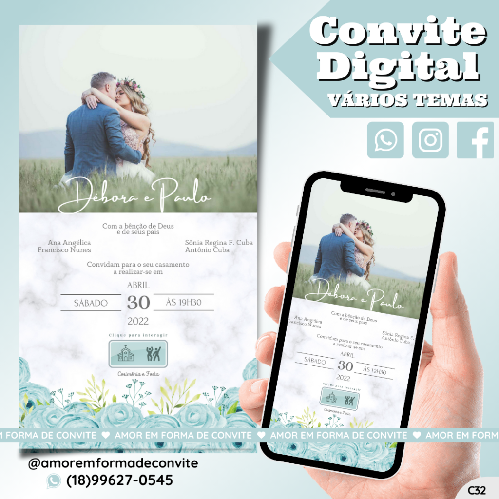 Convite Virtual Digital Interativo Floral Azul Claro com Foto - C32