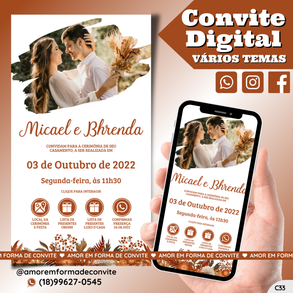 Convite Virtual Digital Interativo Floral Terracota com Foto - C33