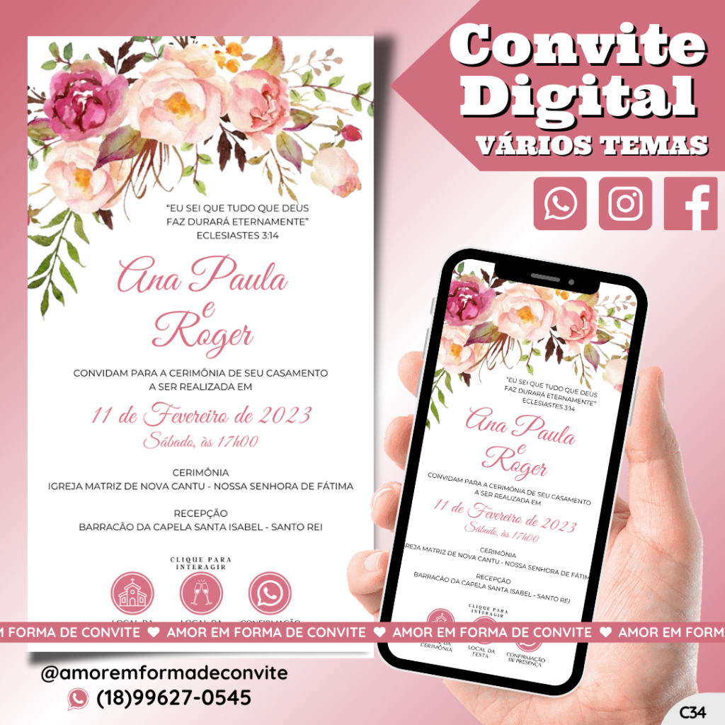 Convite Virtual Digital Interativo Floral Azul Rose - C34