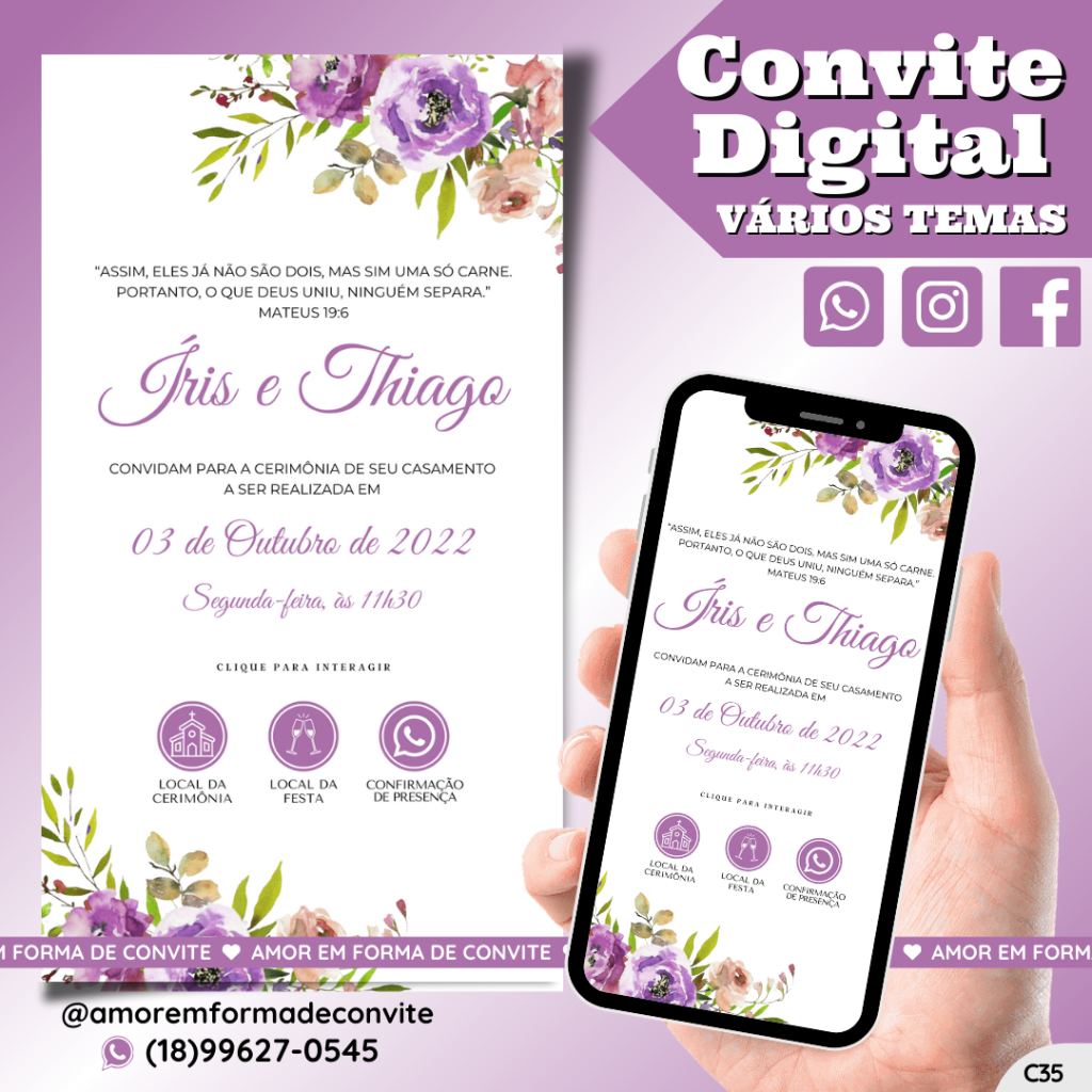 Convite Virtual Digital Interativo Floral Lilás - C35